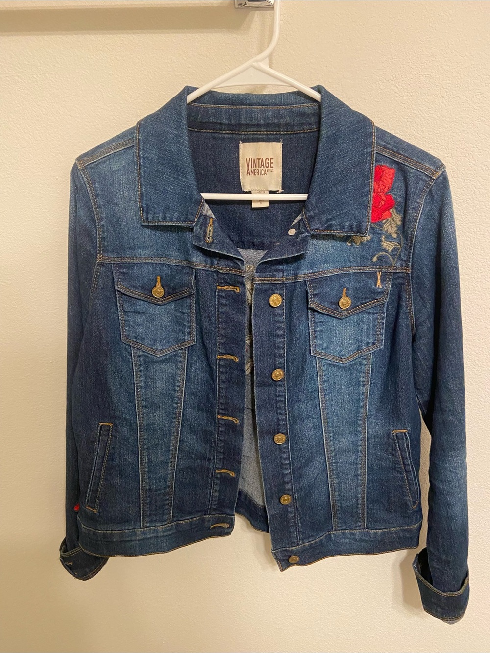 Vintage America Blue Denim Jacket with Red Floral Embroidery